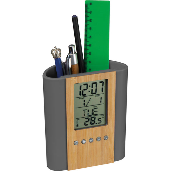 Suport de birou pentru pixuri cu ceas, calendar si termometru 22564